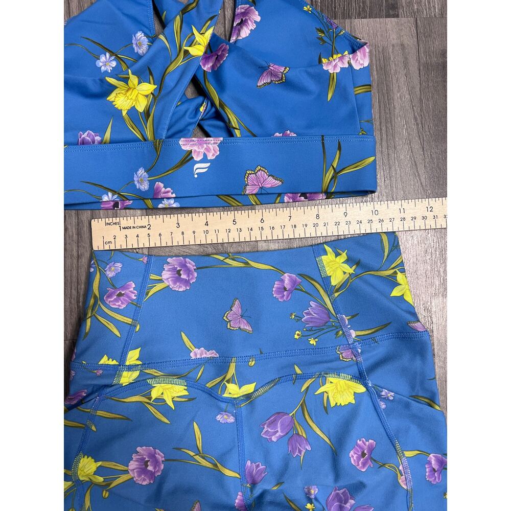 Fabletics Blue Floral Workout Set Sports Bra High Rise Leggings Matching Gym Set - Picture 8 of 10